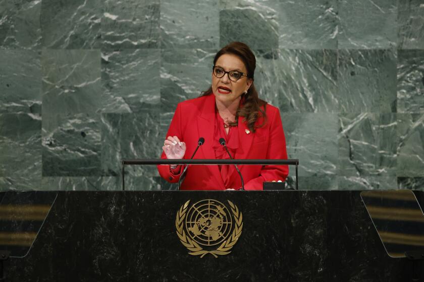 FILE - Honduras' President Xiomara Castro addresses the 77th session of the United Nations General Assembly at U.N. headquarters in New York, Sept. 20, 2022. Honduras became the second country in Central America to declare a state of emergency to fight gang crimes like extortion. Late Thursday, Nov. 24, Castro proposed a measure to limit constitutional rights so as to round up gang members. (AP Photo/Jason DeCrow, File)