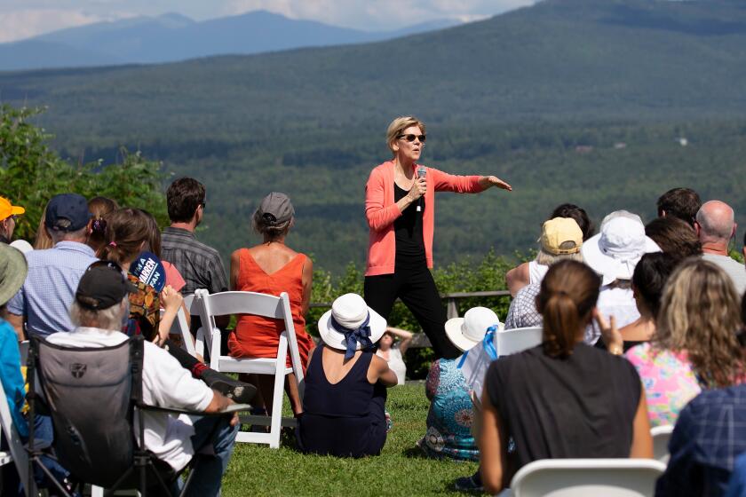 Mandatory Credit: Photo by CJ GUNTHER/EPA-EFE/REX (10362109u) Democratic candidate for United States President Senator Elizabeth Warren addresses a crowd during a town hall style meeting at Toads Hill Farm in Franconia, New Hampshire, USA 14 August 2019. Senator Elizabeth Warren campaigning in New Hampshire, Franconia, USA - 14 Aug 2019 ** Usable by LA, CT and MoD ONLY **