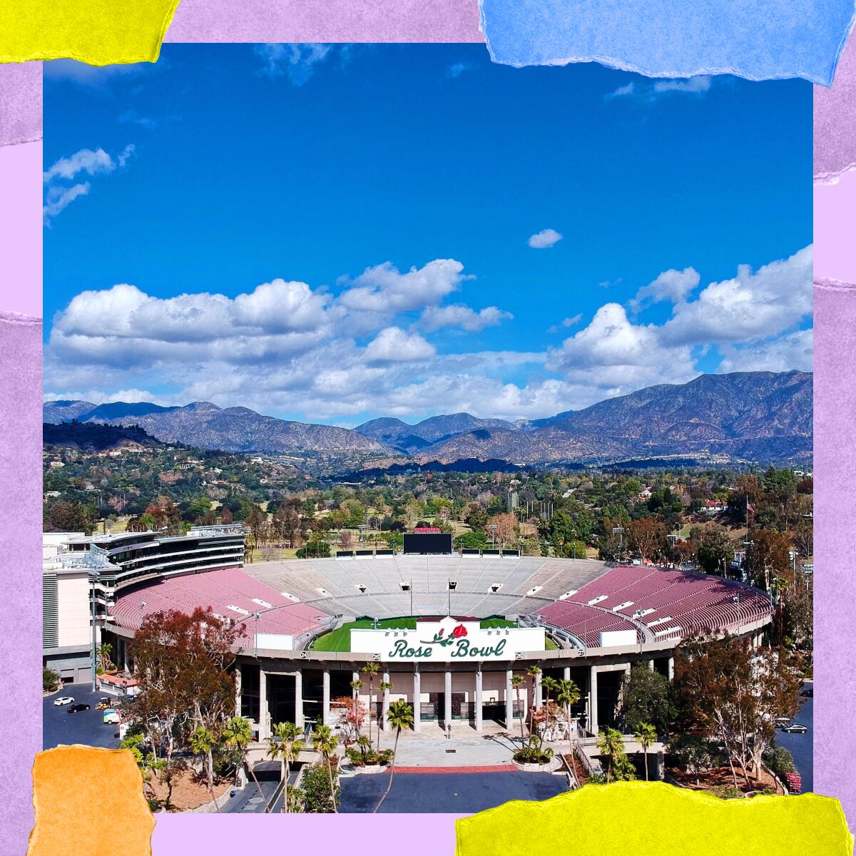 An aerial photo of the Rose Bowl Stadium.