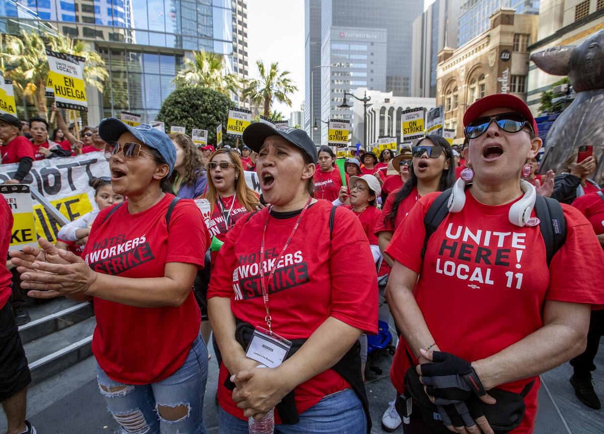 Striking hotel workers during a protest in Los Angeles. 