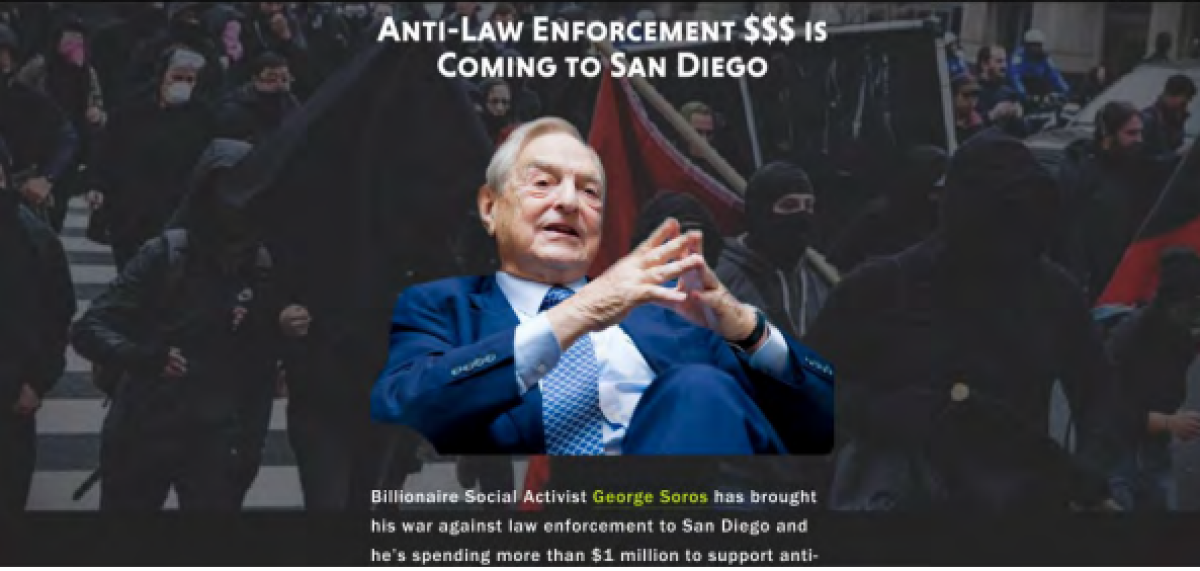 A 2018 campaign website of District Attorney Summer Stephan shows George Soros over images of black-clad antifa protesters