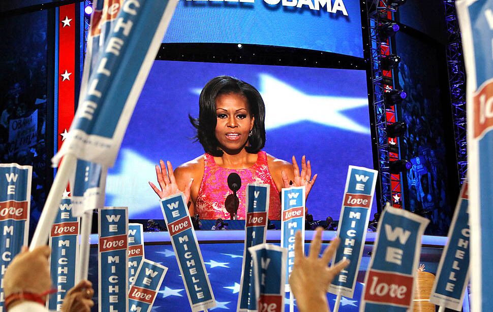 Michelle Obama addresses the delegates during the opening night ceremonies of the Democratic National Convention at the Time Warner Cable Arena in Charlotte, N.C.