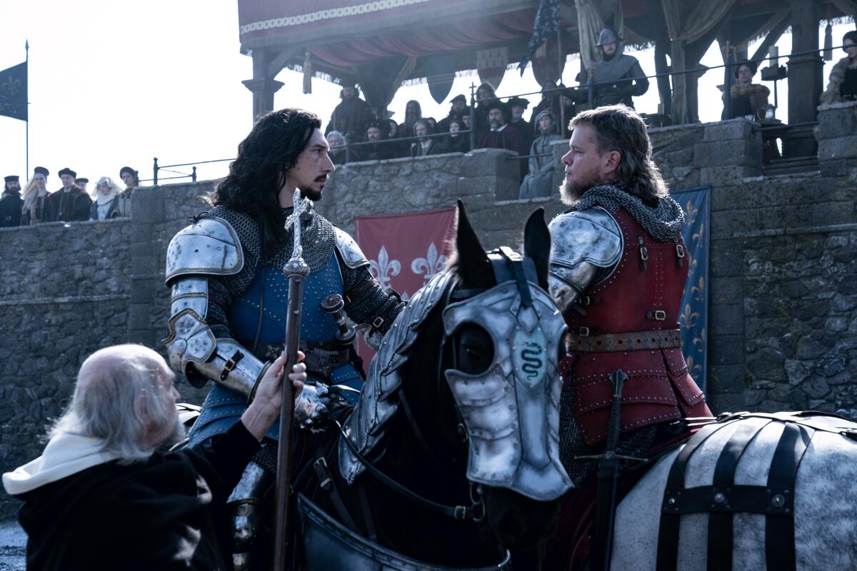 Adam Driver, left, and Matt Damon in “The Last Duel” (2021)