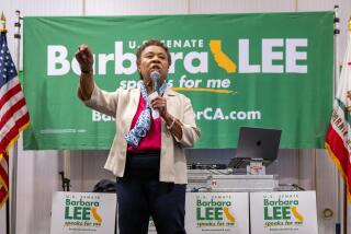 LOS ANGELES, CA - MAY 26, 2023: Barbara Lee speaks to supporters during "CA to TN to DC: Barbara Lee Speaks for Me" at the Barbara Lee for U.S. Senate hospitality event at CADEM State Convention in downtown Los Angeles. (Michael Owen Baker / For The Times)