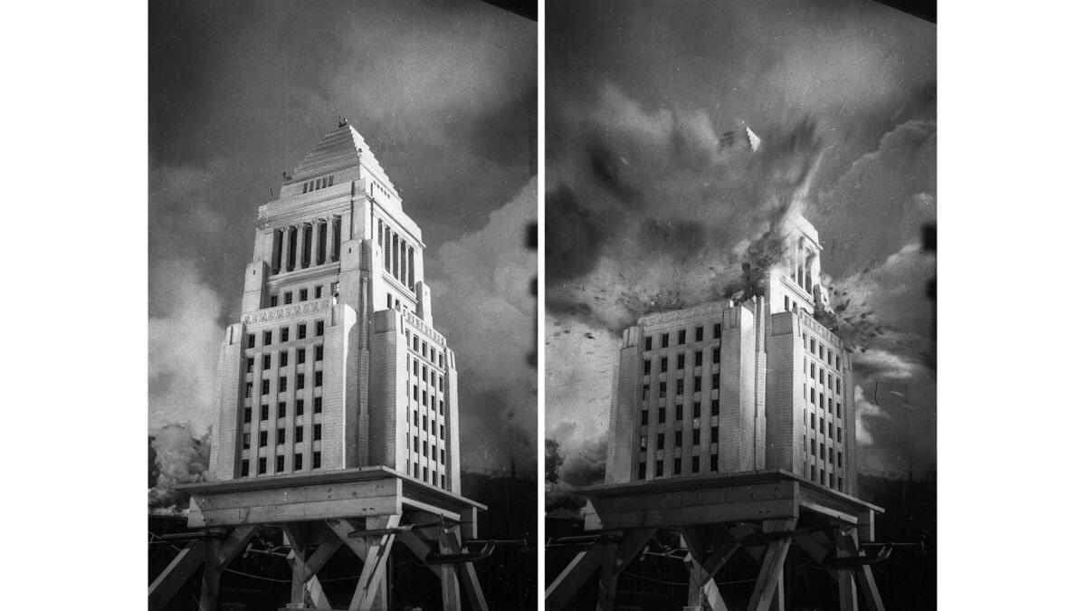 May 8, 1952: First two frames showing a model of Los Angeles City Hall blown up. The top photo was cropped from image on right.