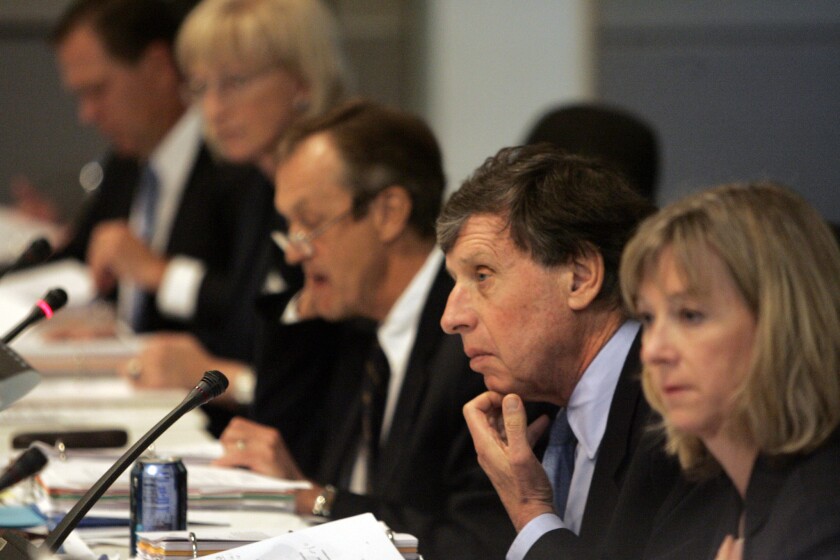 UC Regent Richard Blum, second from right, listens to a discussion among the UC Board of Regents at UCLA in 2007. Blum has said that he and his wife, Sen. Dianne Feinstein, believe students who behave in racist, anti-Semitic or other biased ways should face penalties such as suspension or expulsion.
