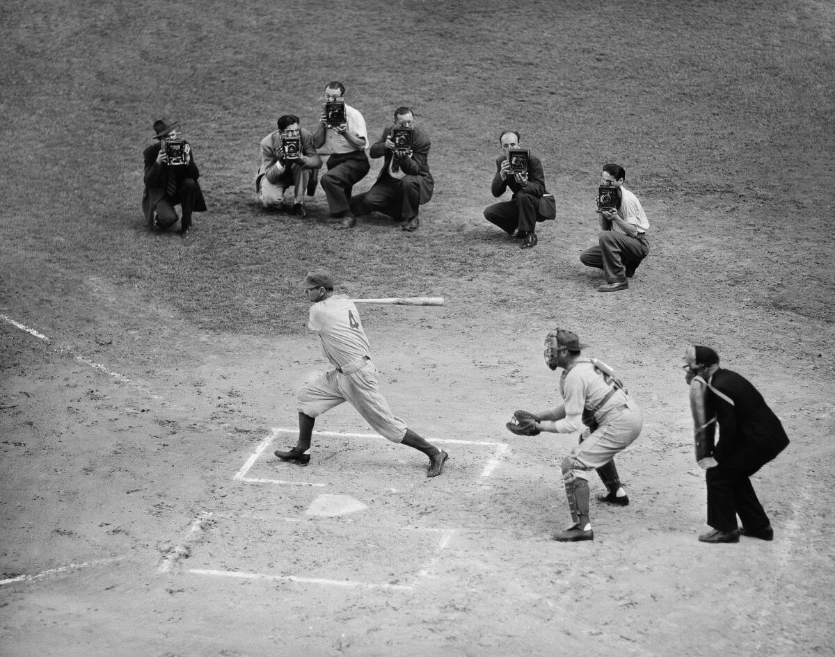 Zack Wheat bats during a Dodgers old-timers game in 1940.