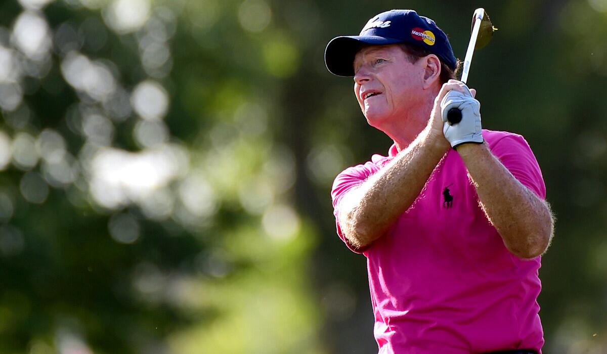 Tom Watson watches his second shot on the 10th fairway during round one of the U.S. Senior Open Championship at the Del Paso Country Club on Thursday.