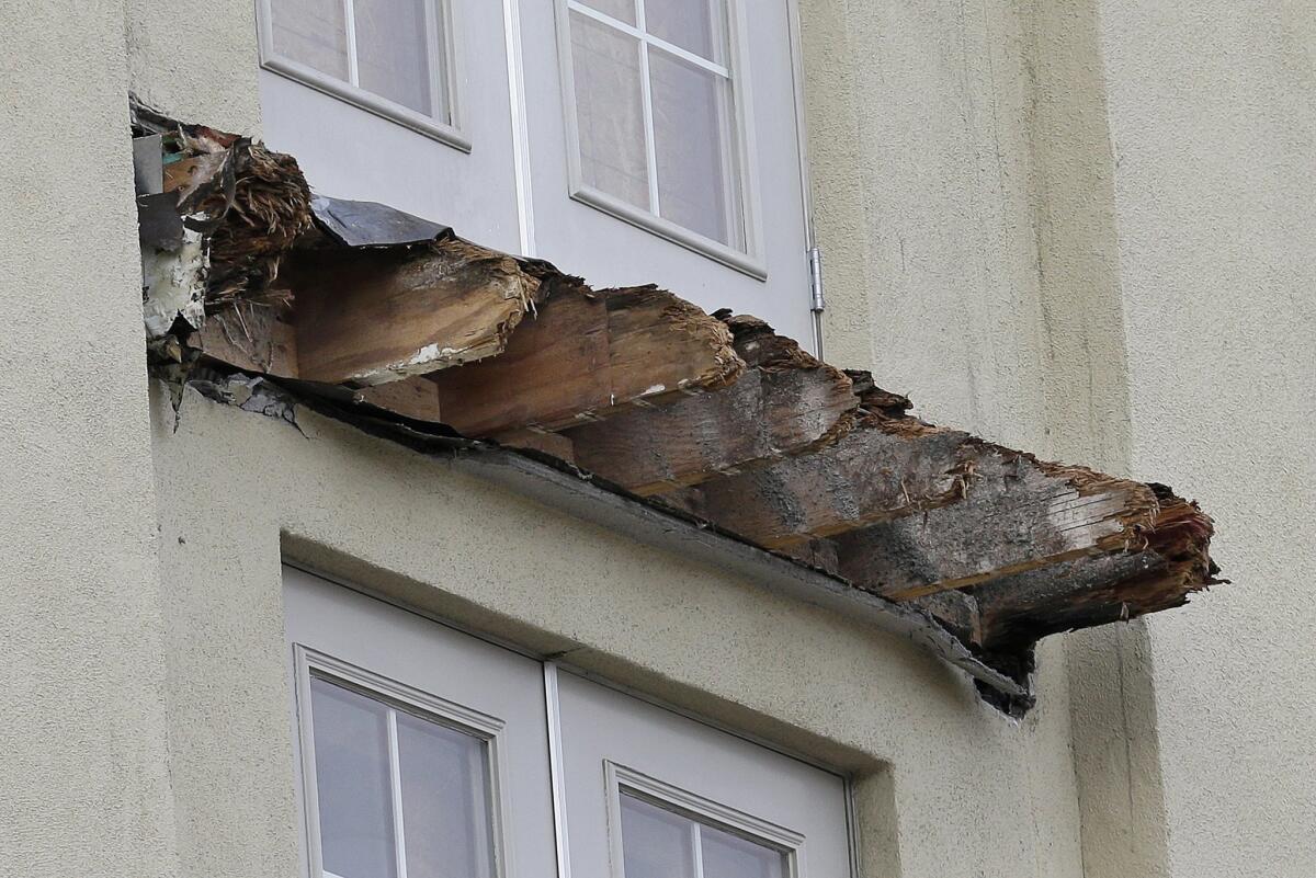 The wood remnants of the balcony that collapsed at the Library Gardens apartment building in Berkeley.