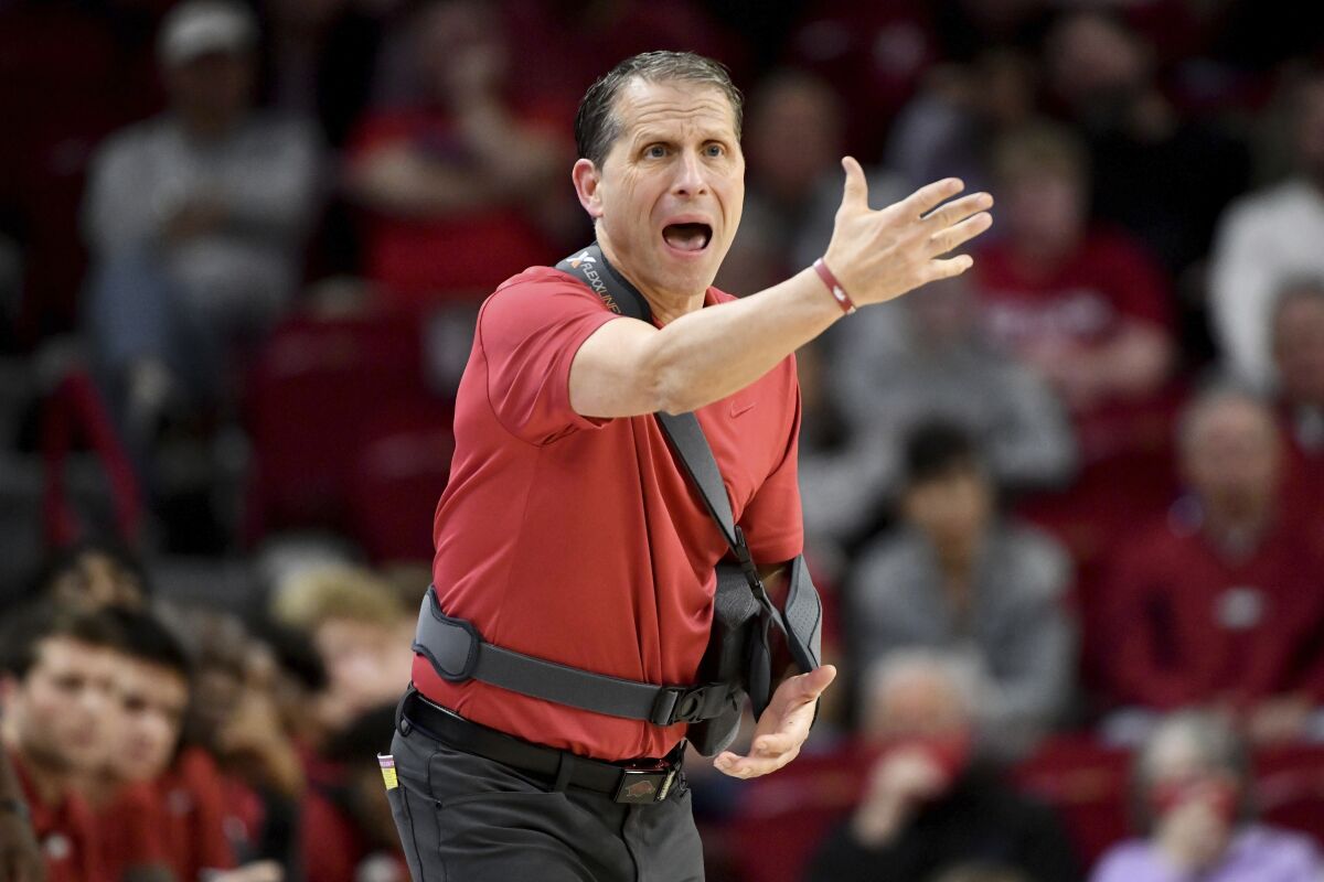 Arkansas coach Eric Musselman reacts to a call during the second half of the team's NCAA college basketball game against South Carolina on Tuesday, Jan. 18, 2022, in Fayetteville, Ark. (AP Photo/Michael Woods)