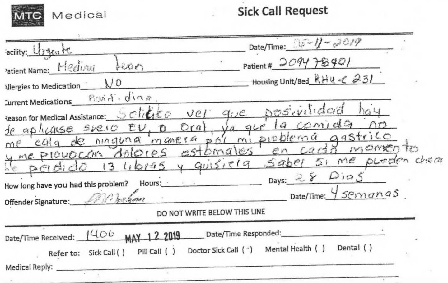 A sick call request was written by Medina Leon in Spanish on May 11, 2019.