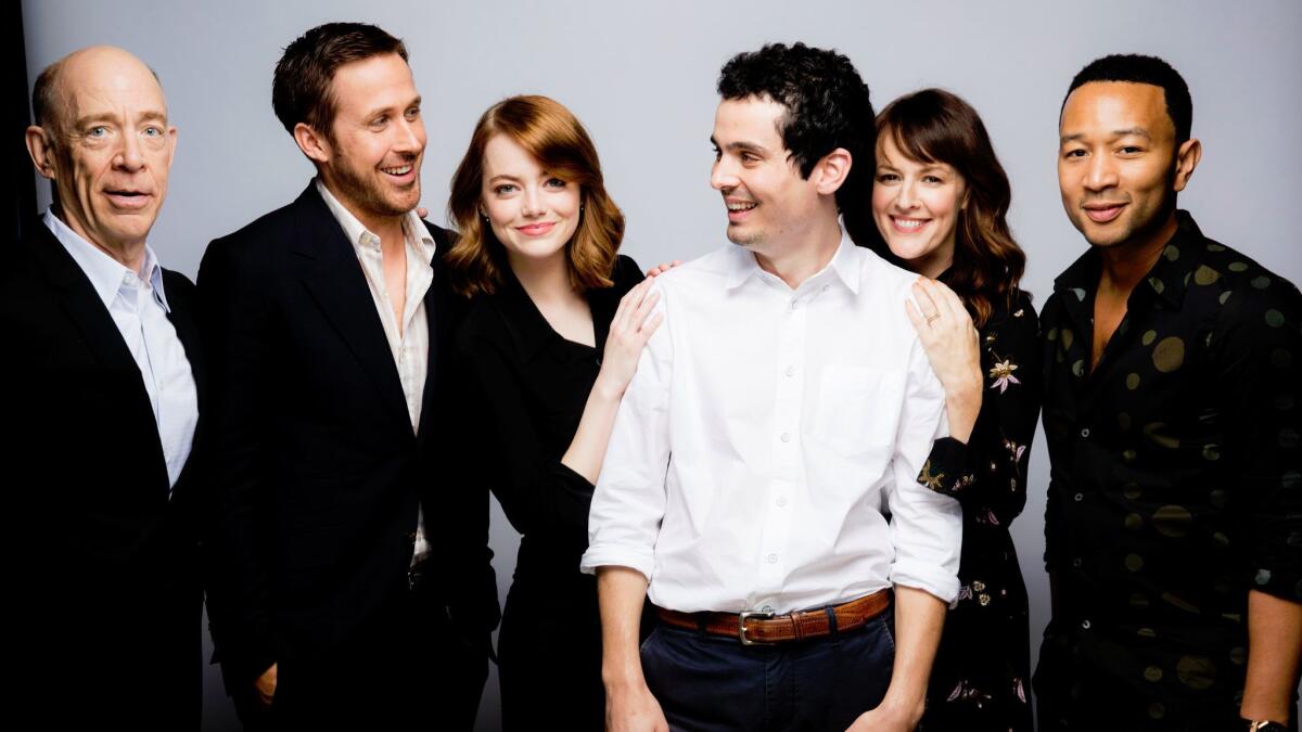 From left: J.K. Simmons, Ryan Gosling, director Damien Chazelle, Emma Stone, actress Rosemarie DeWitt, and John Legend, from "La La Land," photographed in the L.A. Times photo studio at the 41st Toronto International Film Festival on Monday, Sept. 12, 2016.