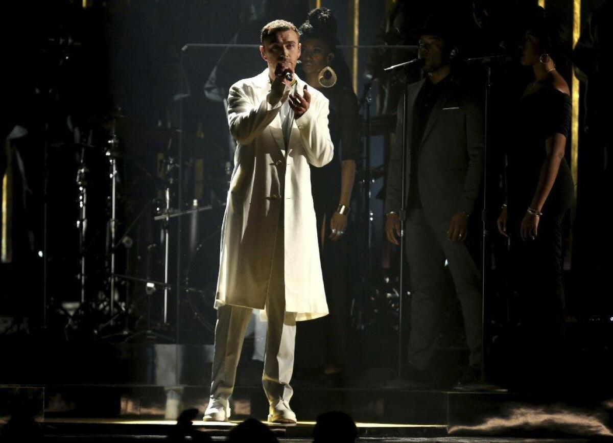 British crooner Sam Smith performs "Pray" at the Grammy Awards on Sunday.