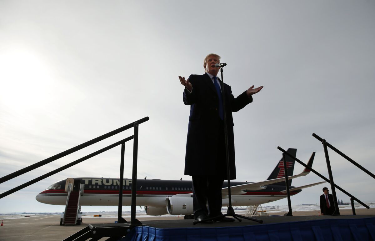 President Trump speaks during a campaign appearance at Dubuque Regional Airport in Iowa.