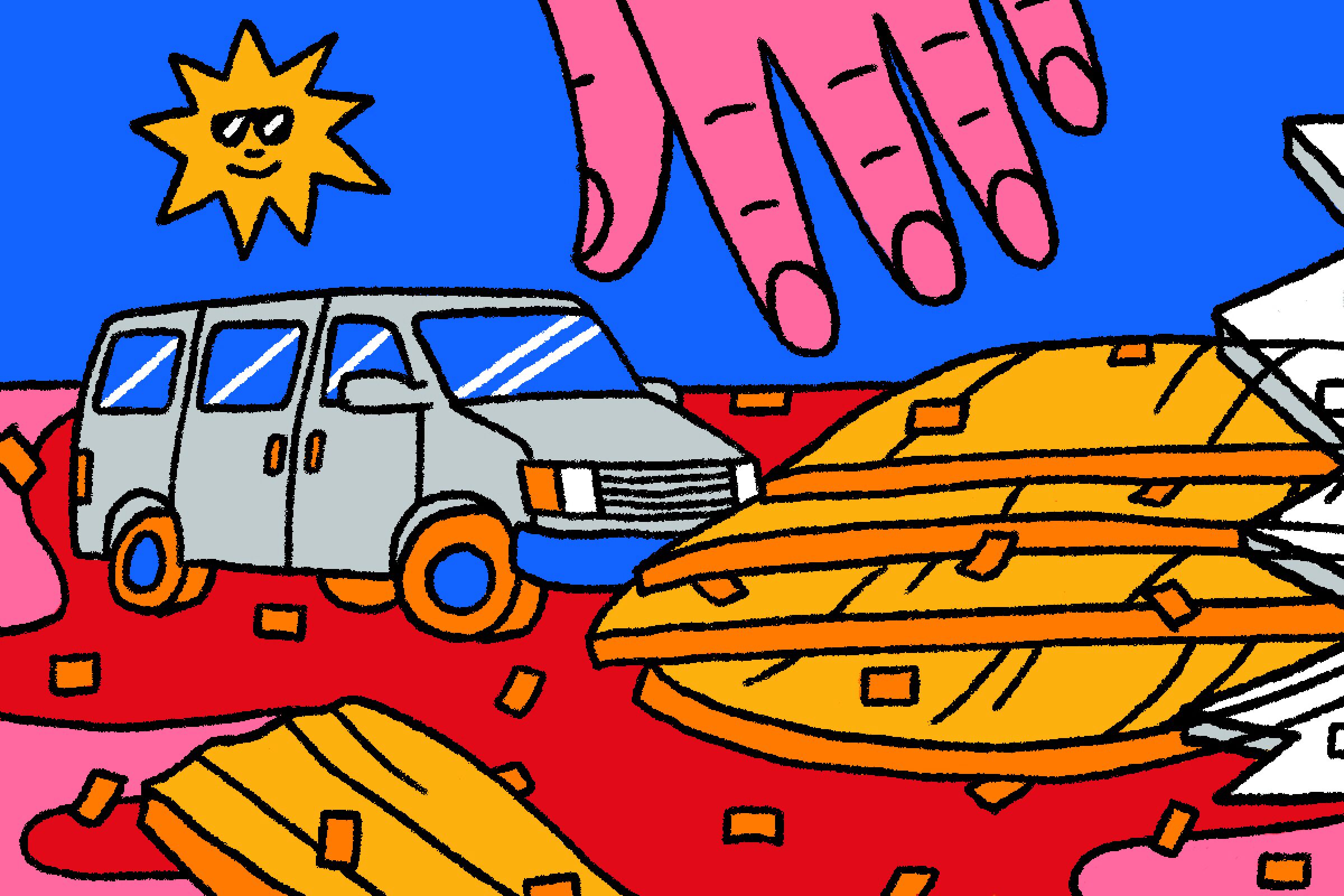 Illustration of a broken jar of kimchi, a hand and a 1995 Chevrolet Astro van.