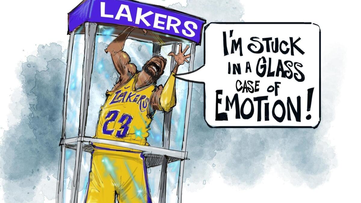 Sports cartoonist Jim Thompson depicts the current situation between LeBron James and the Lakers.