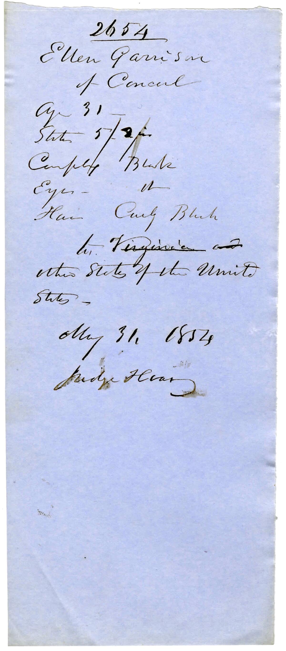 The paper passport that was issued to Ellen Garrison Clark in 1854