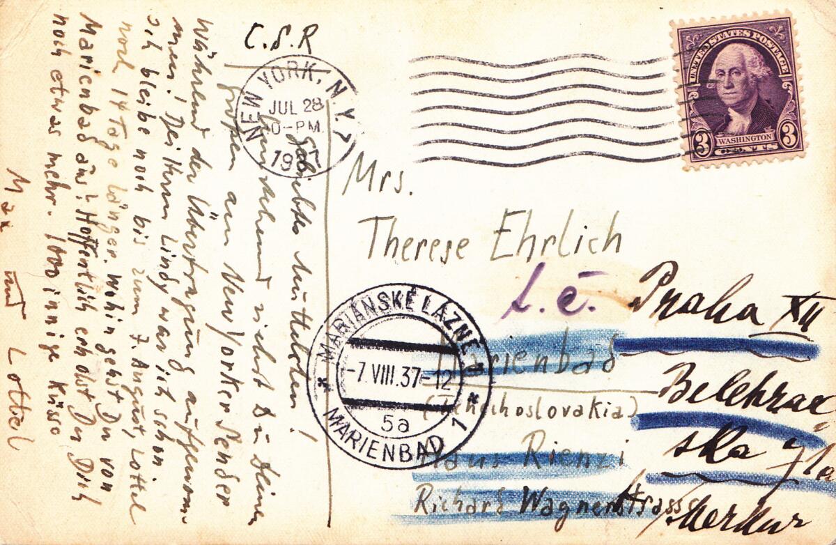 A postcard from Max Ehrlich, postmarked July 28, 1937 in New York, sent to his mother, Therese.
