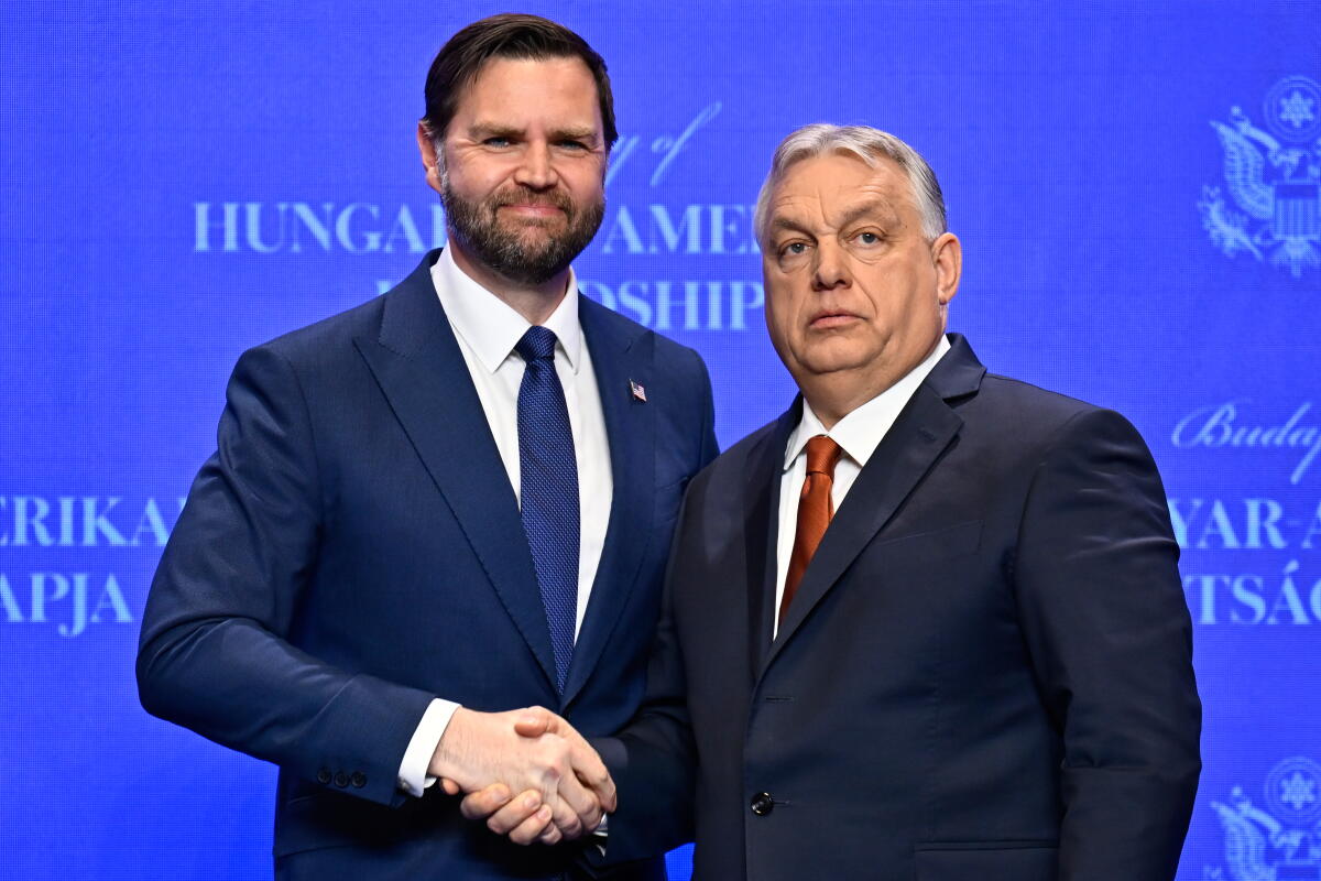Vice President JD Vance shakes hands with Hungarian Prime Minister Viktor Orban.
