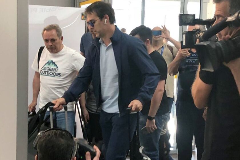 Mandatory Credit: Photo by STRINGER/EPA-EFE/REX/Shutterstock (9715326a) Julen Lopetegui Spain's former national soccer head coach Julen Lopetegui leaves Russia, Krasnodar, Russian Federation - 13 Jun 2018 Spain's former national soccer head coach Julen Lopetegui (2-L) arrives to Krasnodar Airport in Krasnodar, Russia, 13 June 2018, before flying back to Spain. The Spanish Football Federation (RFEF) announced on 13 June 2018 that Lopetegui has been sacked as national coach one day after agreeing to take over Real Madrid. The FIFA World Cup will take place in Russia from 14 June to 15 July 2018. ** Usable by LA, CT and MoD ONLY **