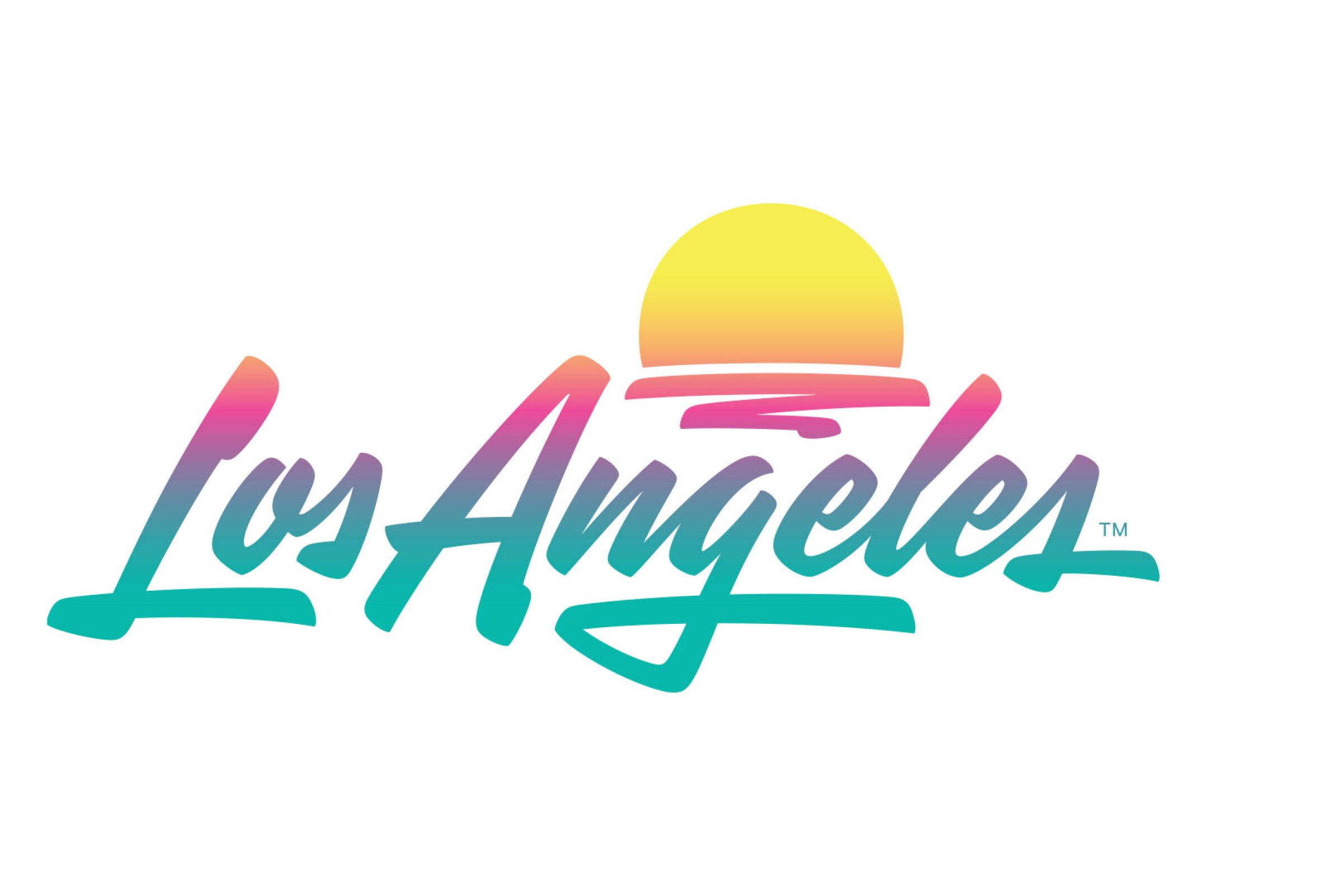 A logo in turquoise, pink and yellow shows a setting sun over a script that reads "Los Angeles"