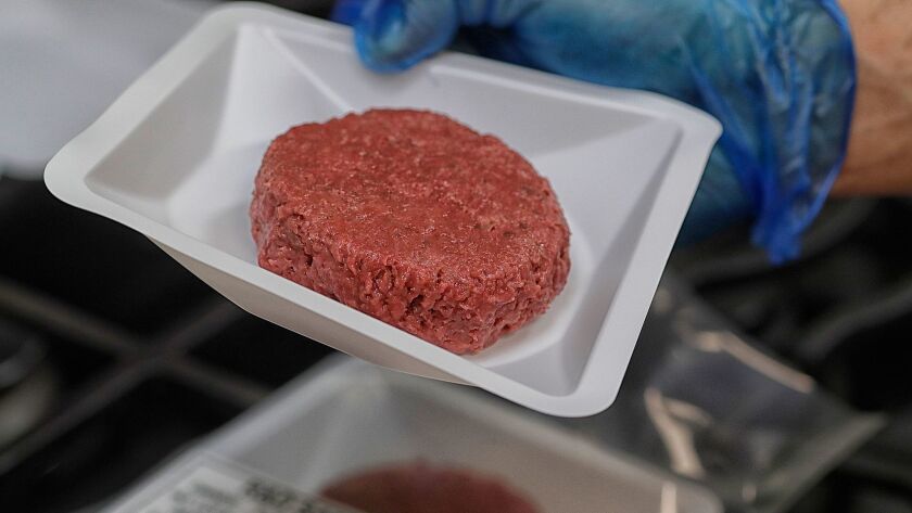 A burger patty at Beyond Meat’s research center in El Segundo, Calif.