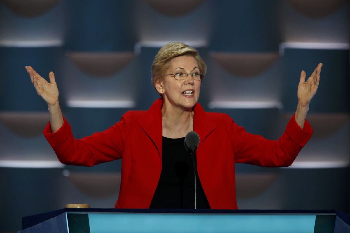 Sen. Elizabeth Warren adresses delegates on the first day of the Democratic National Convention.