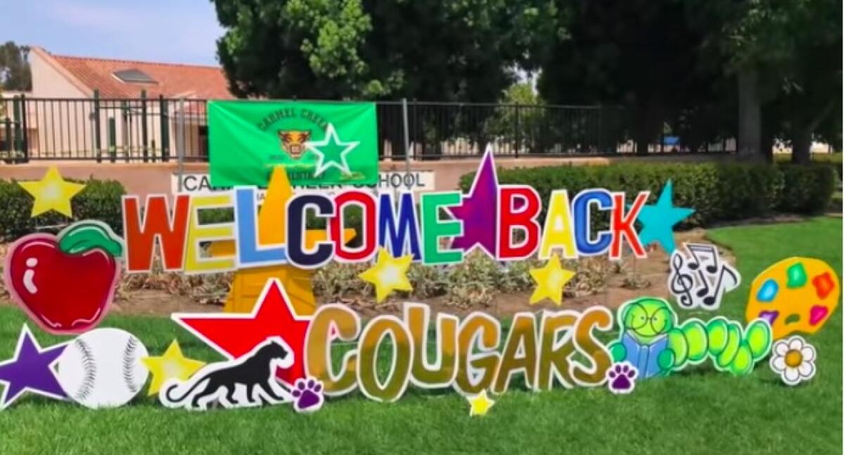 A welcome back sign at Carmel Creek School in Carmel Valley.