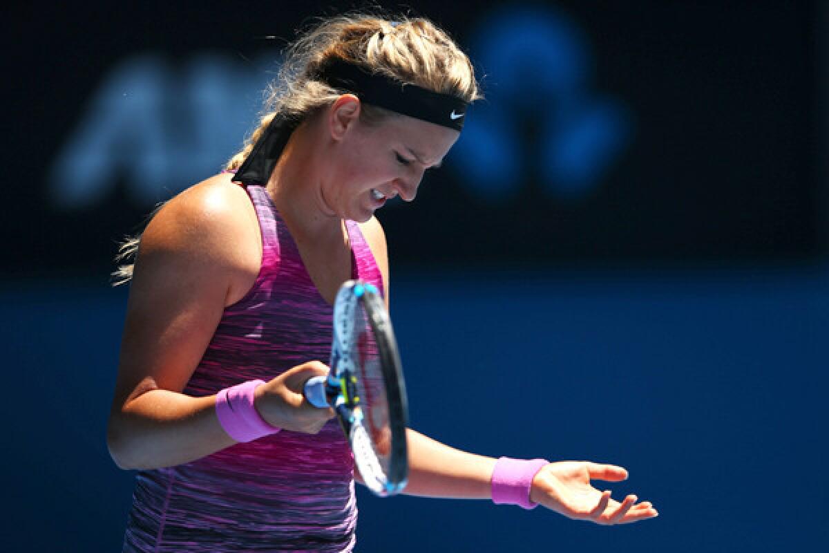 Victoria Azarenka reacts during her quarterfinal loss to Agnieszka Radwanska at the Australian Open on Wednesday.