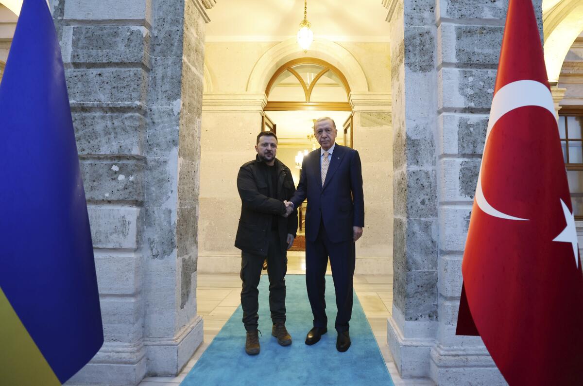 Presidents Recep Tayyip Erdogan, right, and Volodymyr Zelensky shake hands standing in a stone-framed entranceway