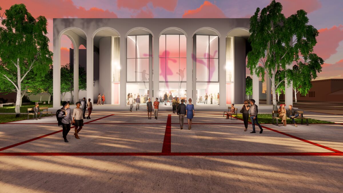 An artist's conception of the renovated theater building in the pending Performing Arts District at San Diego State University.