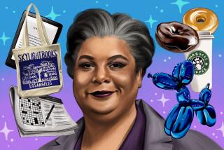 Portrait of Roxane Gay with a Kindle, a Skylight Books tote bag, a crossword puzzle, donuts, a Starbucks cup, and a blue Jeff Koons balloon dog