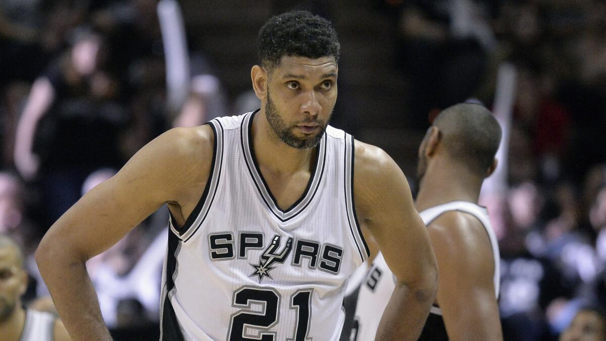 San Antonio Spurs forward Tim Duncan looks on during a loss to the Clippers in Game 4 of the Western Conference quarterfinals on Sunday.