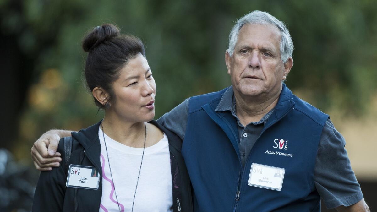 Julie Chen and Leslie Moonves, who has stepped down as president and CEO of CBS Corp., arrive for a conference in Sun Valley, Idaho, in July. Chen, host of “The Talk, “ is taking time off from the CBS daytime series in the wake of her husband's resignation.
