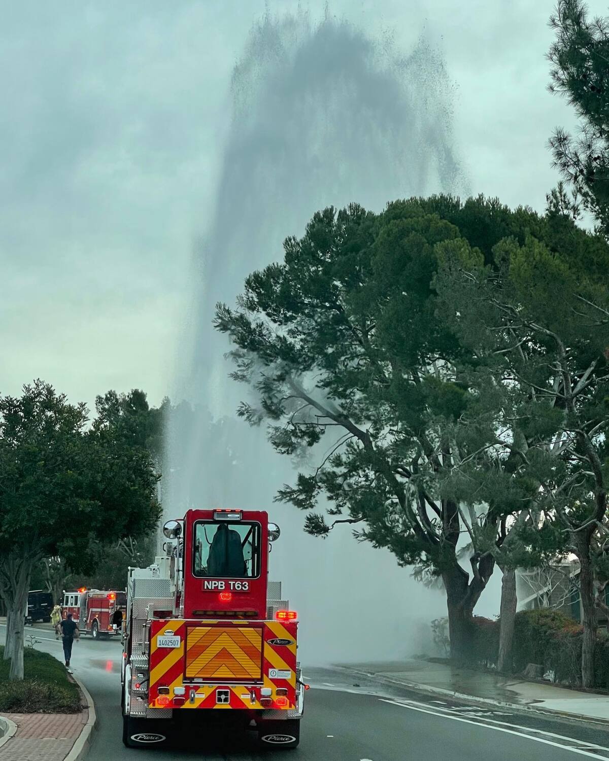 Newport Beach fire engines responded to a call about a sheered fire hydrant.