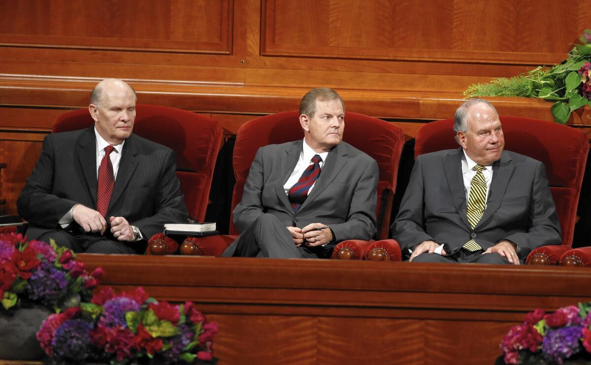 The newly chosen members of the Mormon Church's Quorum of the Twelve Apostles, from left, Dale G. Renlund, Gary E. Stevenson and Ronald A. Rasband, at the conference in Salt Lake City.