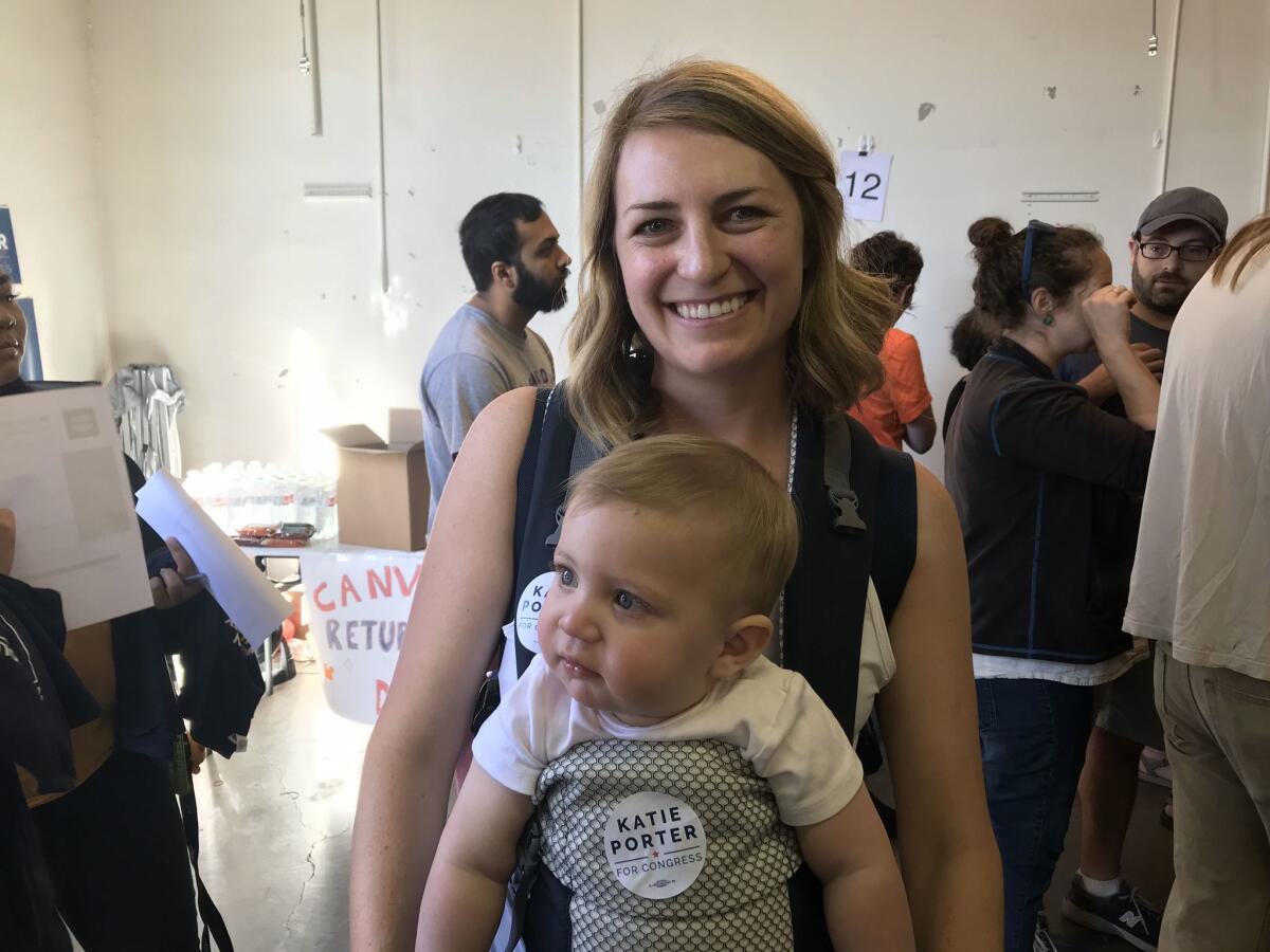 Luka, who just turned 1, was ready to help mom Raisa Orleans knock on doors for candidate Katie Porter in the 45th Congressional District.
