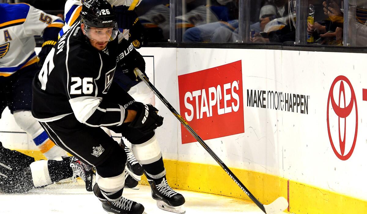 Slava Voynov, moving the puck out of the Kings' zone during a game against the Blues, will have his lawyer see if there's a possibility of having his suspension lifted.