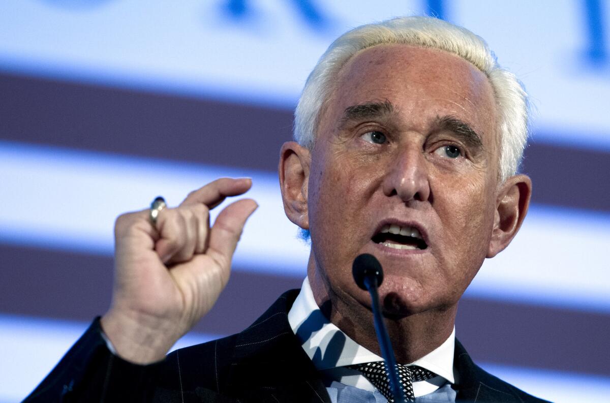 Roger Stone speaks at the American Priority Conference in Washington on Dec. 6, 2018.