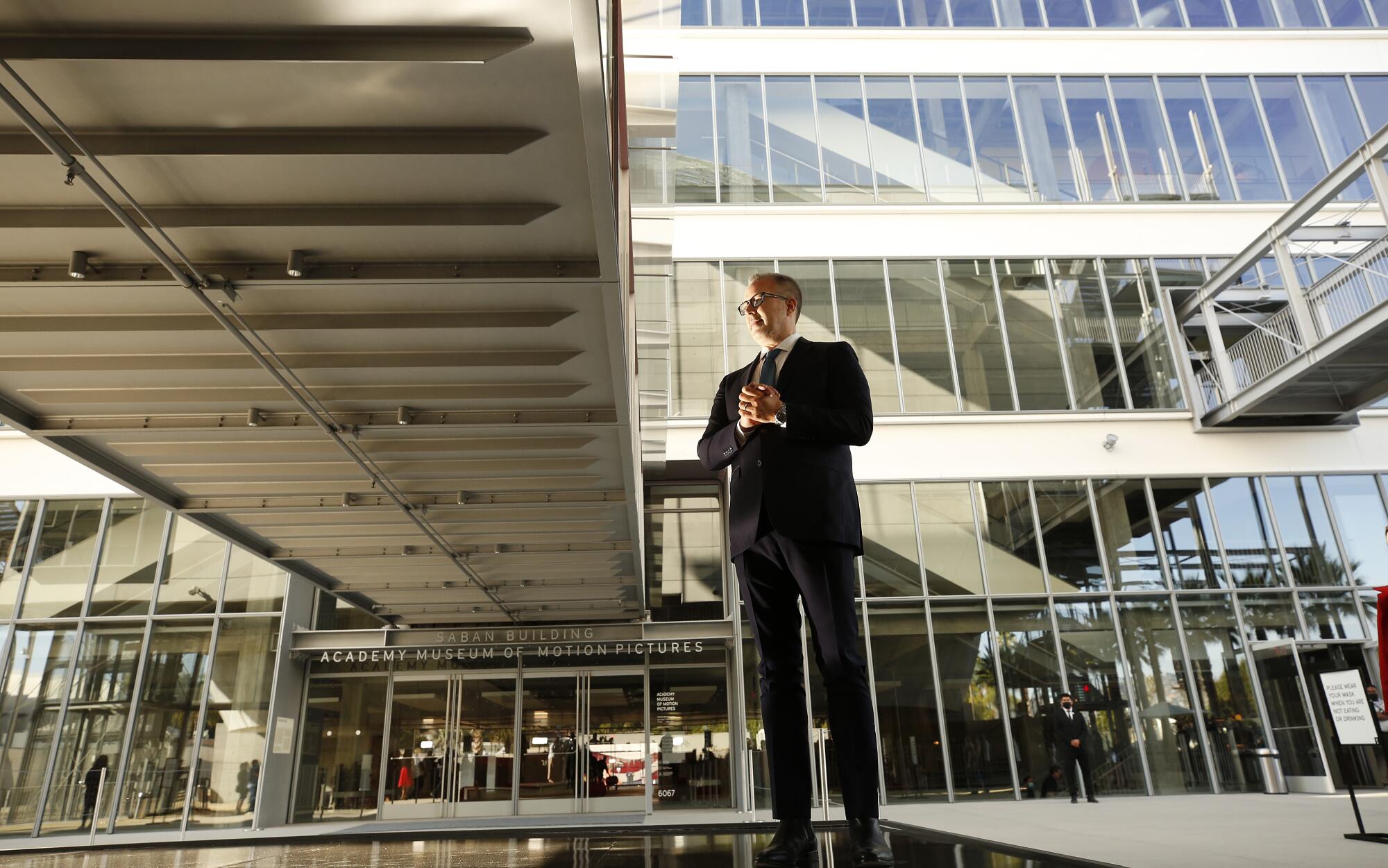 Bill Kramer, Academy Museum director, addresses guests outside the museum.