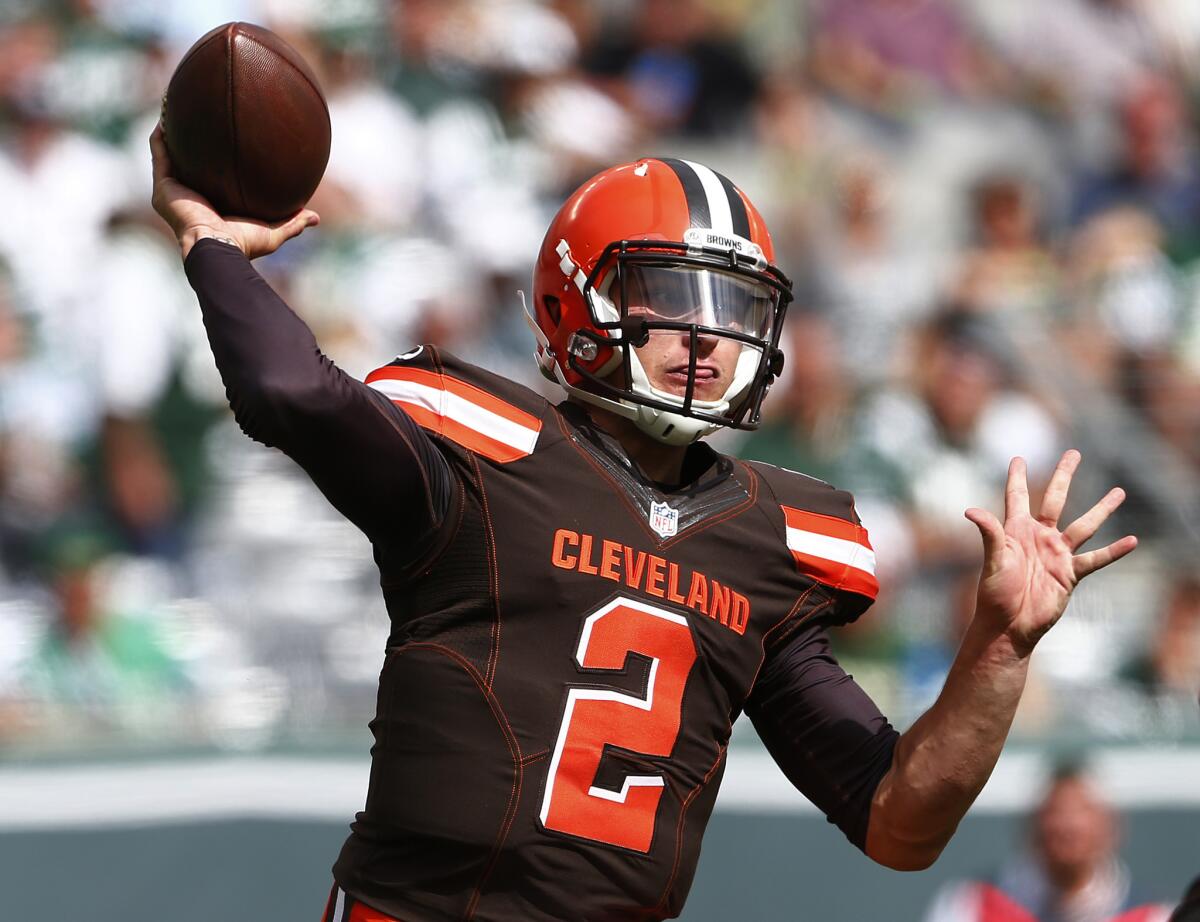 Quarterback Johnny Manziel of the Cleveland Browns passes against the New York Jets during the first quarter at MetLife Stadium in East Rutherford, New Jersey on September 13, 2015.