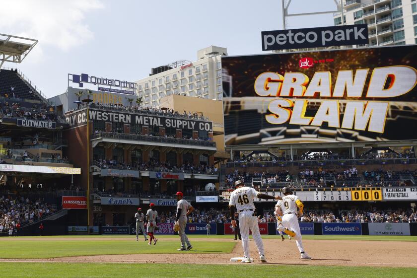 San Diego CA - May: San Diego Padres' Jake Cronenworth rounds the bases after hitting a grand slam in the seventh inning against the Cincinnati Reds at Petco Park on Wednesday, May 1, 2024. (K.C. Alfred / The San Diego Union-Tribune)