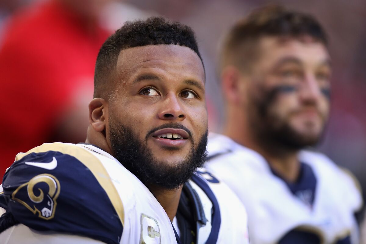Rams defensive tackle Aaron Donald is shown during a game against the Cardinals on Dec. 1, 2019.
