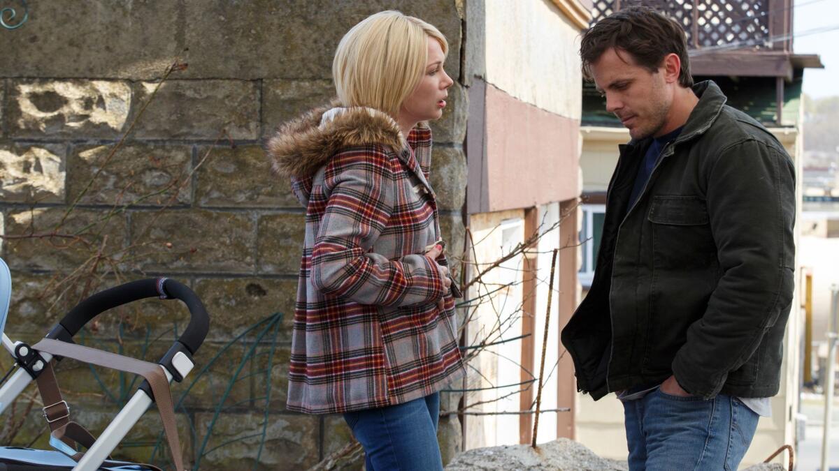 This image released by Roadside Attractions and Amazon Studios shows Michelle Williams, left, and Casey Affleck in a scene from "Manchester By The Sea."