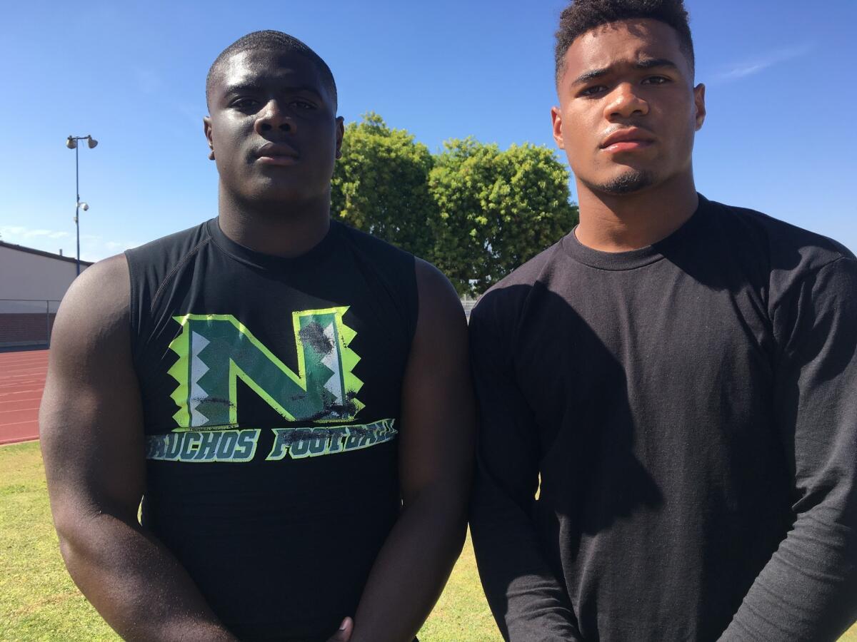 Linebackers Darien Butler (left) and Raymond Scott are juniors to be at Narbonne.