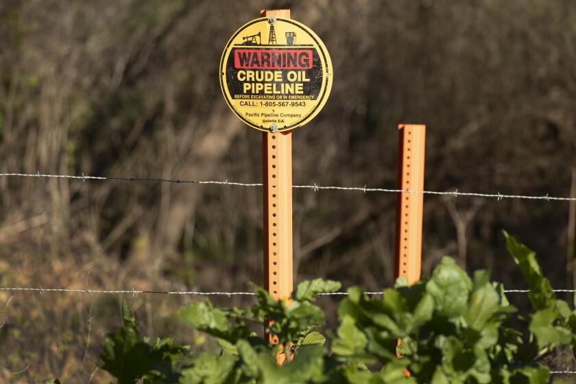 Goleta, CA - January 12: Sable Offshore Corp Las Flores Canyon Plant on Monday, Jan. 12, 2026 in Goleta, CA. Signage indicating buried crude oil pipeline along the Gaviota Coast near the Sable Offshore Corp Las Flores Canyon Cogeneration & Processing Facility that is located in a canyon just North of Highway 101 between El Capitan and Refugio State Beaches. Sable Offshore Corp. is a Houston-based independent company focused on developing the Santa Ynez Unit of three oil platforms in federal waters offshore of the Gaviota Coast in California. Sable pipelines run from the offshore oil platforms Heritage, Harmony and Hondo off Santa Barbara County's Gaviota Coast in federal waters, to the onshore fully integrated oil and gas processing facilities in Las Flores Canyon, then north and inland into Kern County. (Al Seib / For the Los Angeles Times)