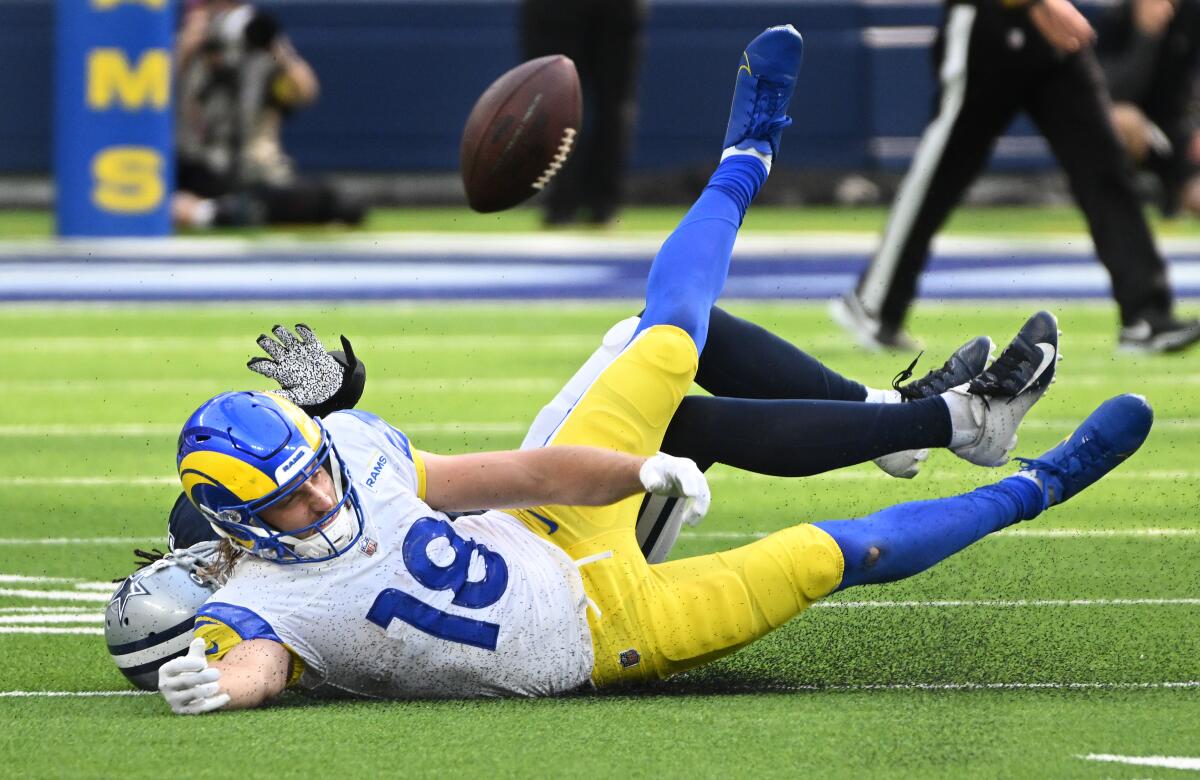 Rams wide receiver Ben Skowronek can't come up with a catch.