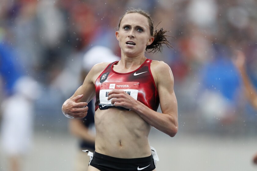 Shelby Houlihan crosses the finish line as she wins the women's 5,000-meter run at the 2019 U.S. Championships.