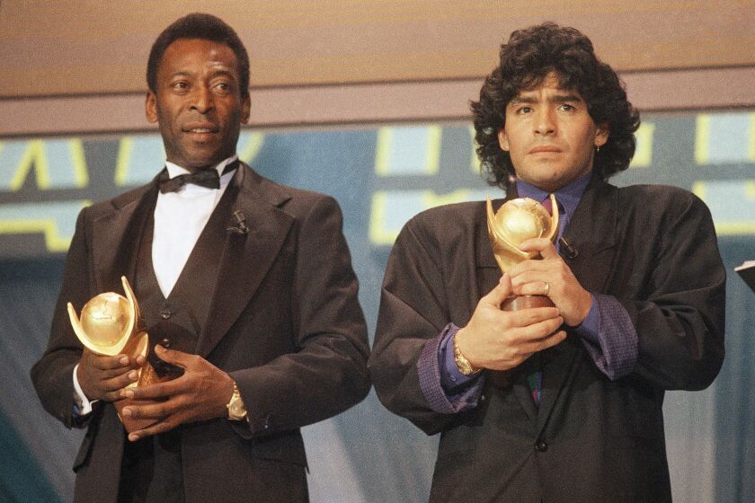 Pele and Maradona seen together in Italy in March 1987 as they received the trophy of “Sports Oscar."