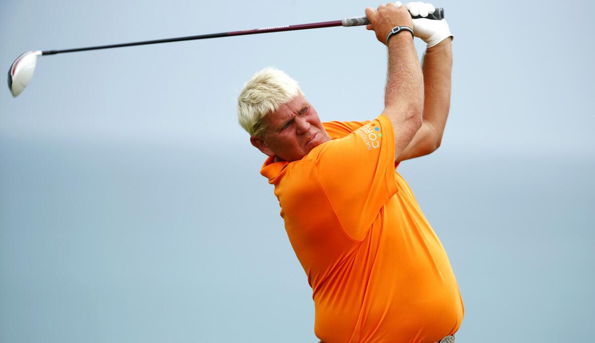 John Daly hits his drive at No. 16 during the second round of the PGA Championship on Aug. 14.